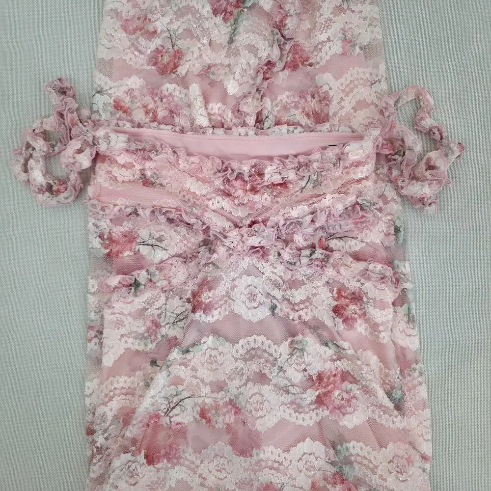 Dzo Harper Pink Floral Lace Cut out Romantic Ethereal Maxi Dress Sz Large NWT
